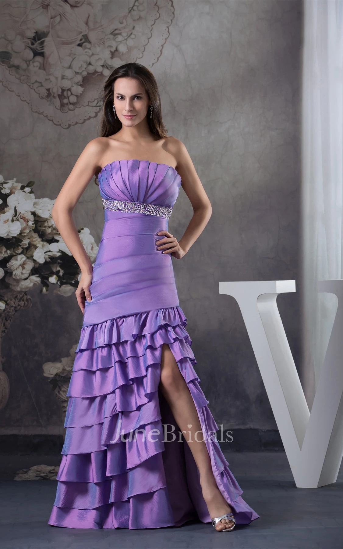 Strapless Ruched Front-Split Dress with Tiers and Jeweled Waist