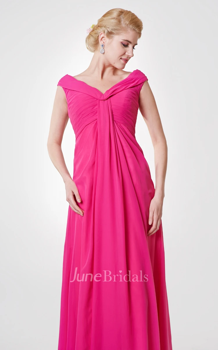 Cap-sleeved V-neck V-back A-line Pleated Chiffon Long Dress