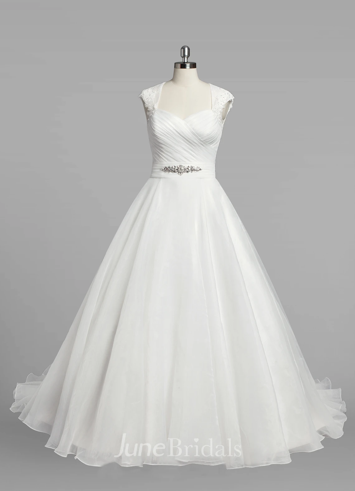Queen-Anne Neck Cap Sleeve A-Line Organza Wedding Dress With Ruching and Beading