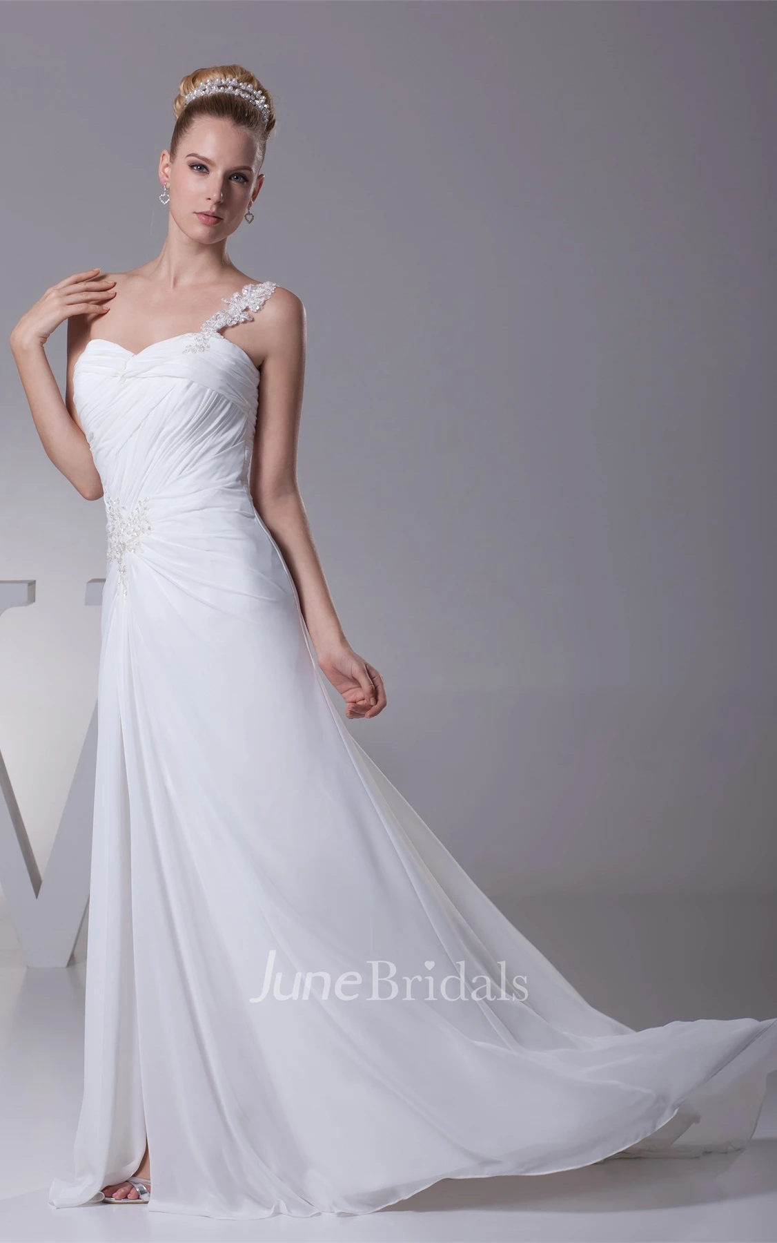 Sweetheart Ruched Front-Split Dress with Beading and Single Strap