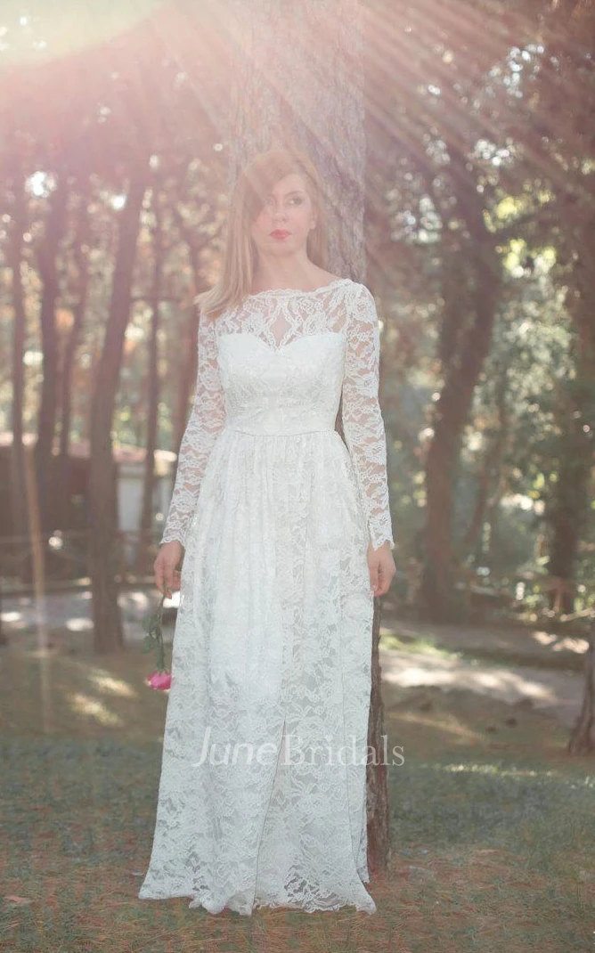 Bateau Illusion Sleeve Long Lace Wedding Dress With Sash And Low-V Back