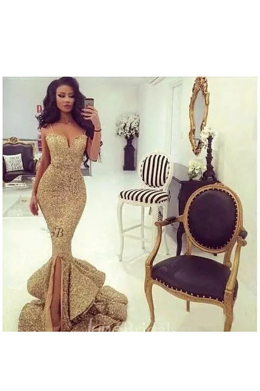 Straps Neck SweetheartMermaid Trumpet Sequins Sexy Floor-length Sleeveless Beading Sequins Evening Dress