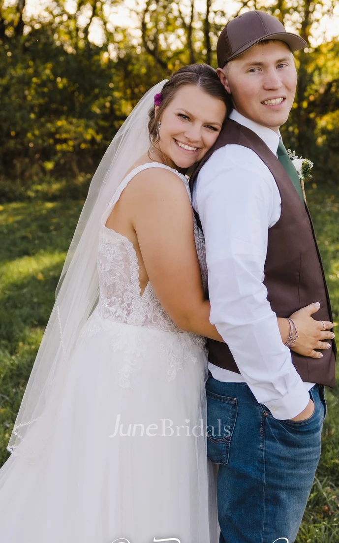 Tulle Plunging Neckline A-Line Simple Sexy Spring Wedding Dress With Low-V Back And Appliques