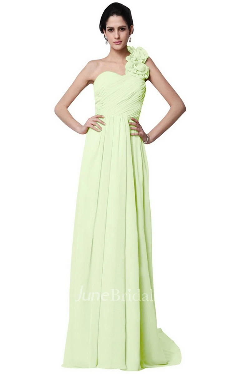 One-shoulder Long Chiffon Dress With Flowers
