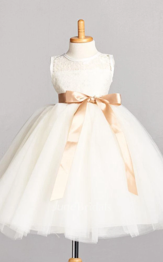 Sleeveless Pleated Tulle&Lace Dress With Satin Belt