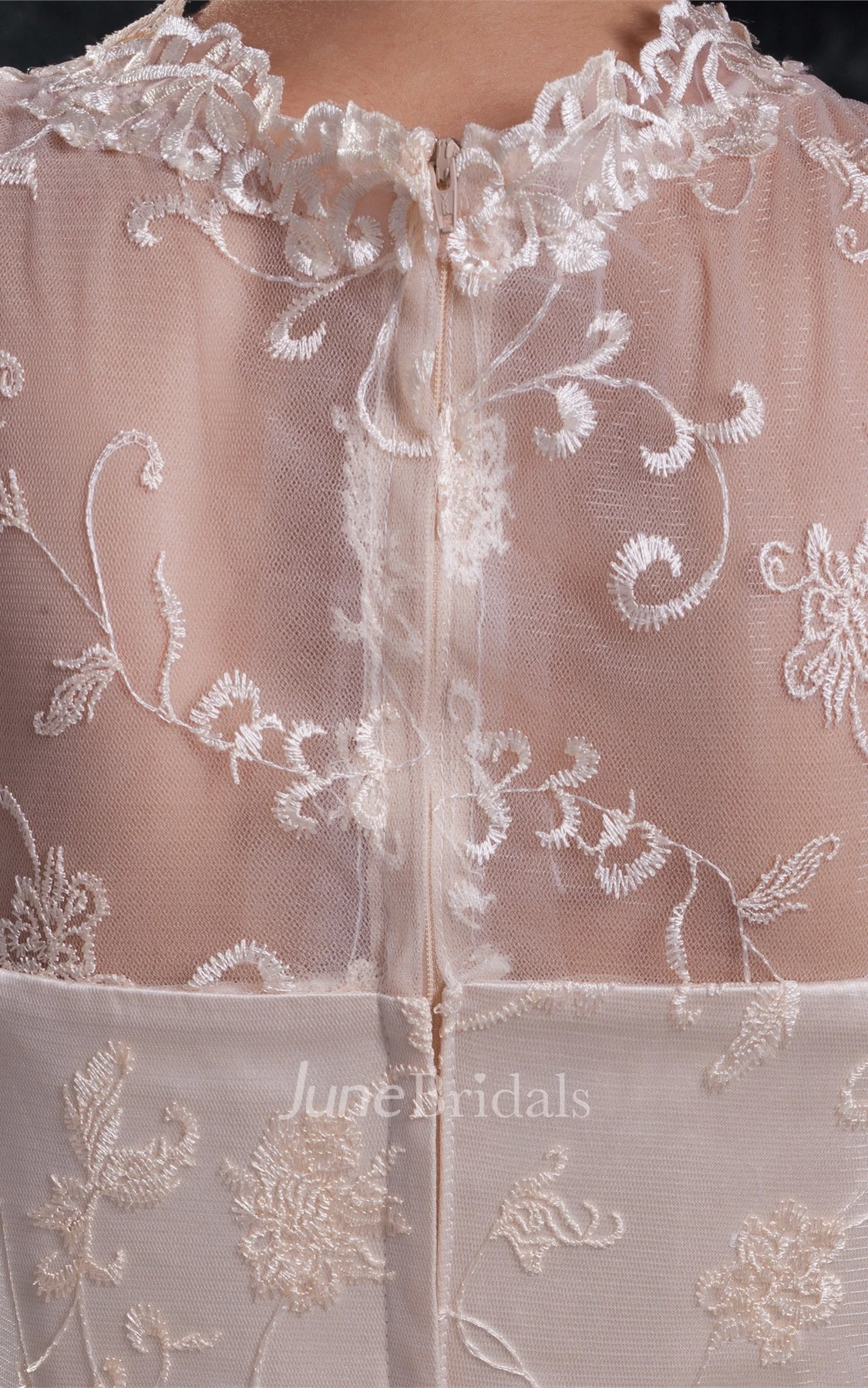 high-neck lace a-line long-sleeve dress with bow and tulle