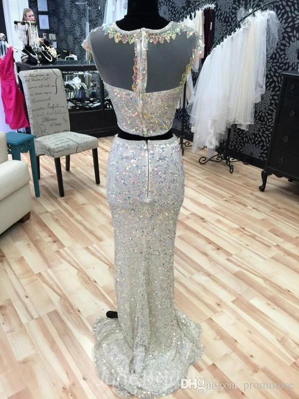 Glamorous Cap Sleeve Sequins Prom Dresses Two Pieces Slit Beadings