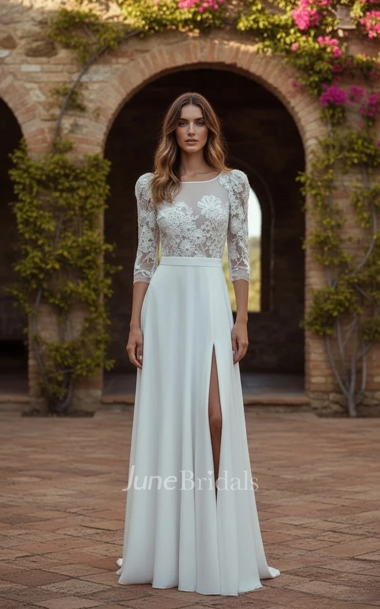Bohemian Lace Wedding Dress 3/4 Sleeves A-Line Boat Neck Bridal Gown with Slit