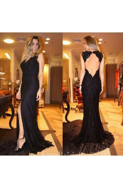 Mermaid V-neck Sleeveless Front Split Brush Train Dress