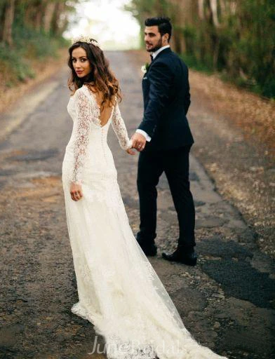 Romantic Bohemian Long Sleeves Sexy Deep V Neck Backless Lace Wedding Dress