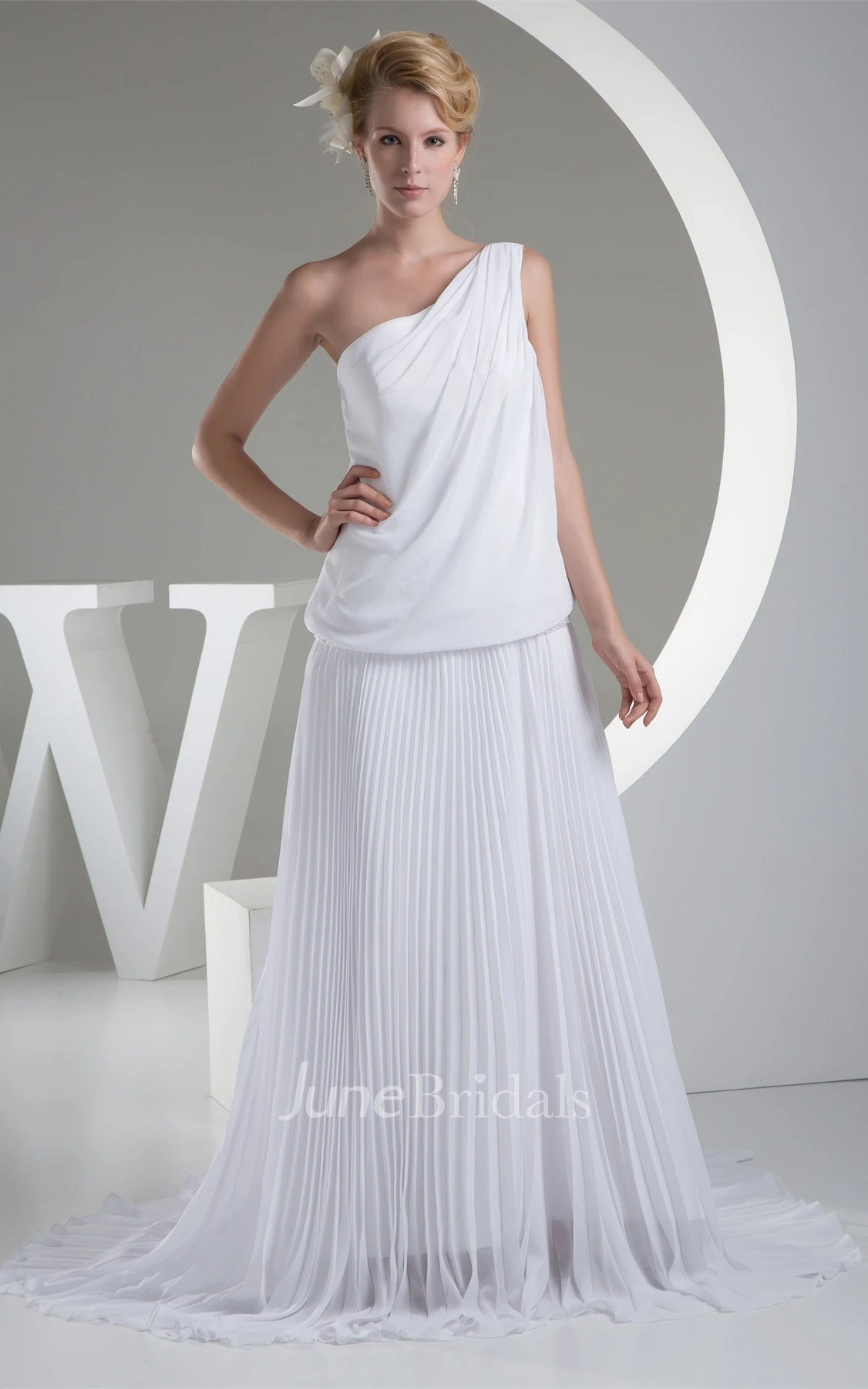 One-Shoulder Pleated Chiffon Maxi Dress with Gemmed Waist