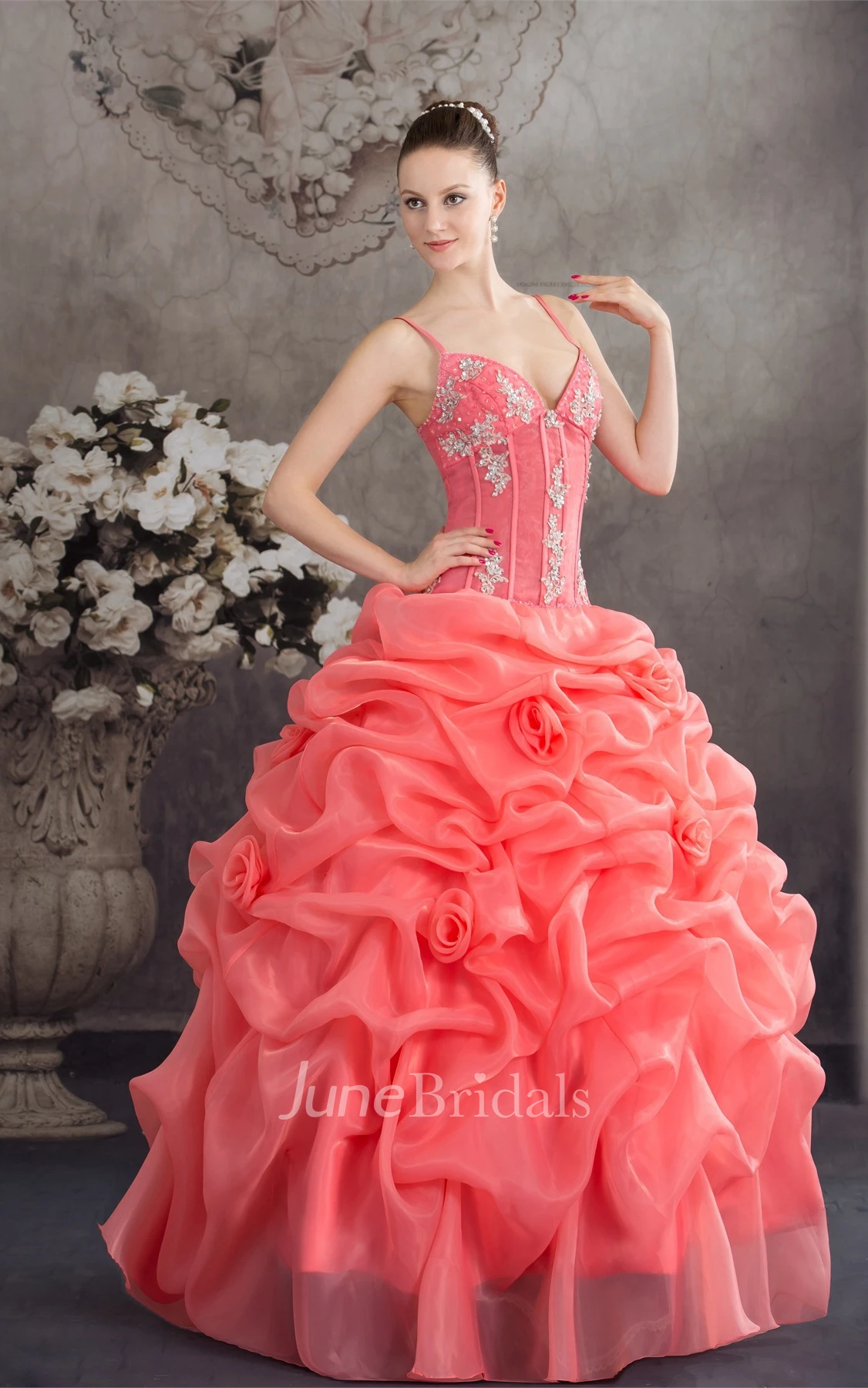 Spaghetti-Strap Ruffled Ball Gown with Appliques and Spaghetti-Straps