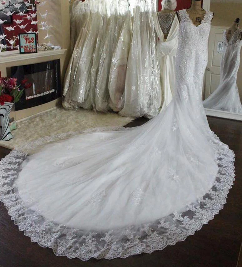 Luxury V-Neck Mermaid Beaded Wedding Dress With Cathedral Train