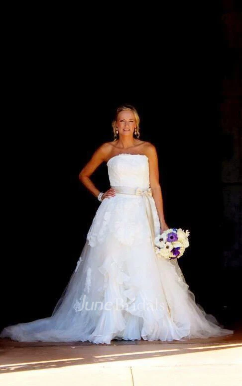 A-Line Ruffled Strapless Floor-Length Dress With Appliques And Tiers