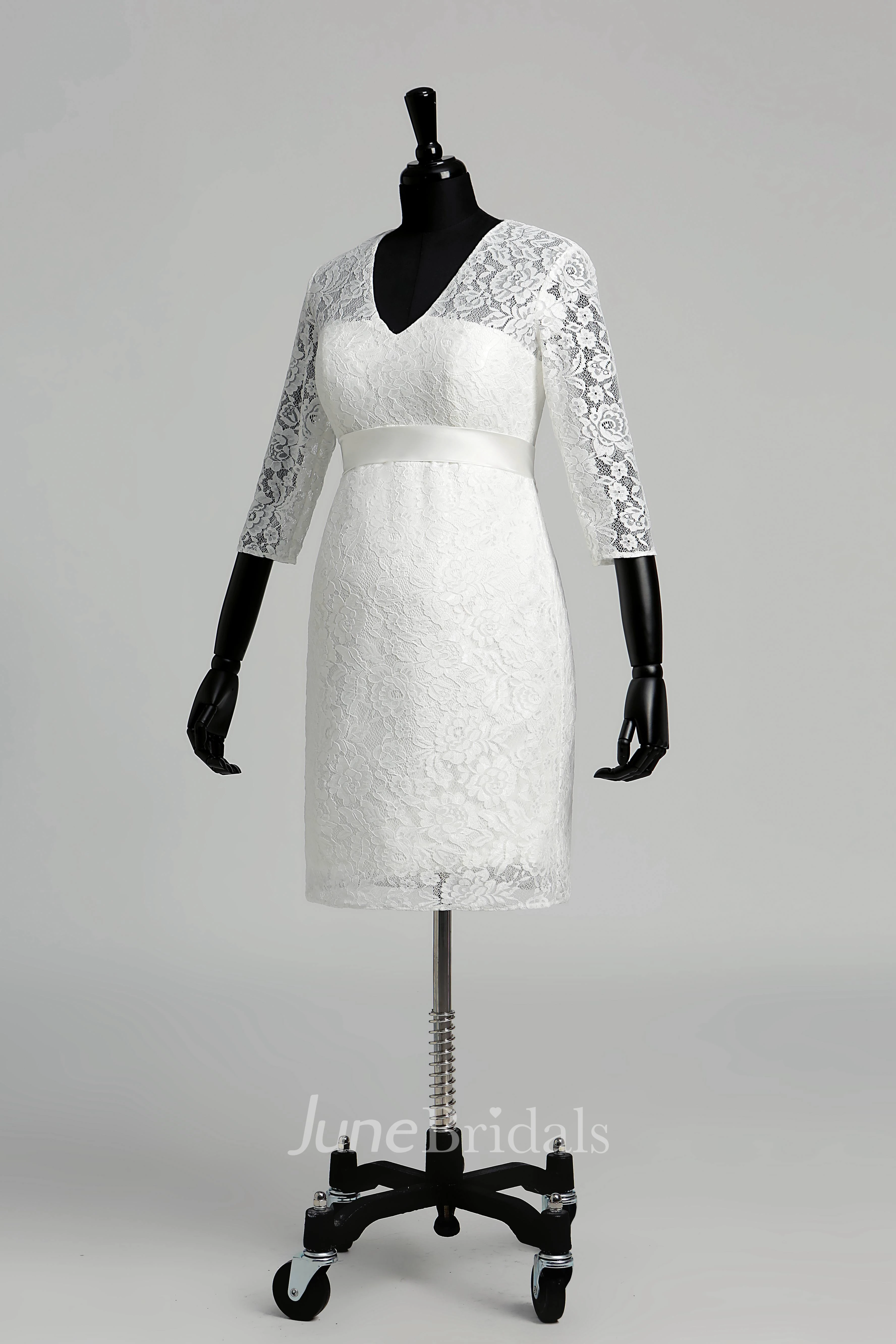 Knee-length A-line V-neck Illusion 3/4 Length Sleeve Illusion Lace Maternity Weeding Dress