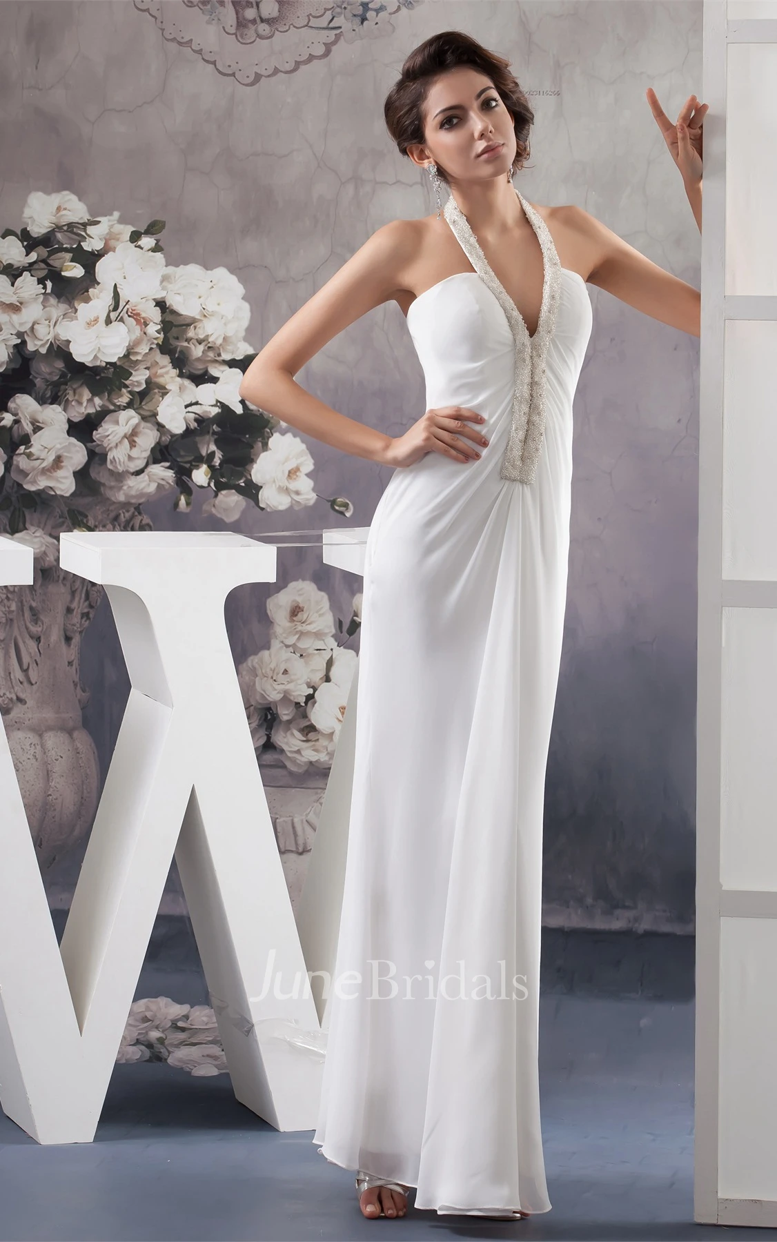 Notched Ankle-Length Chiffon Dress with Beading and Halter