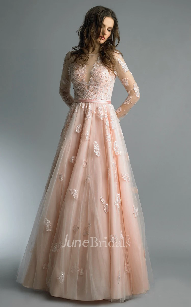 High-Neckline Tulle Floor-Length A-Line Zipper Long-Sleeve Dress