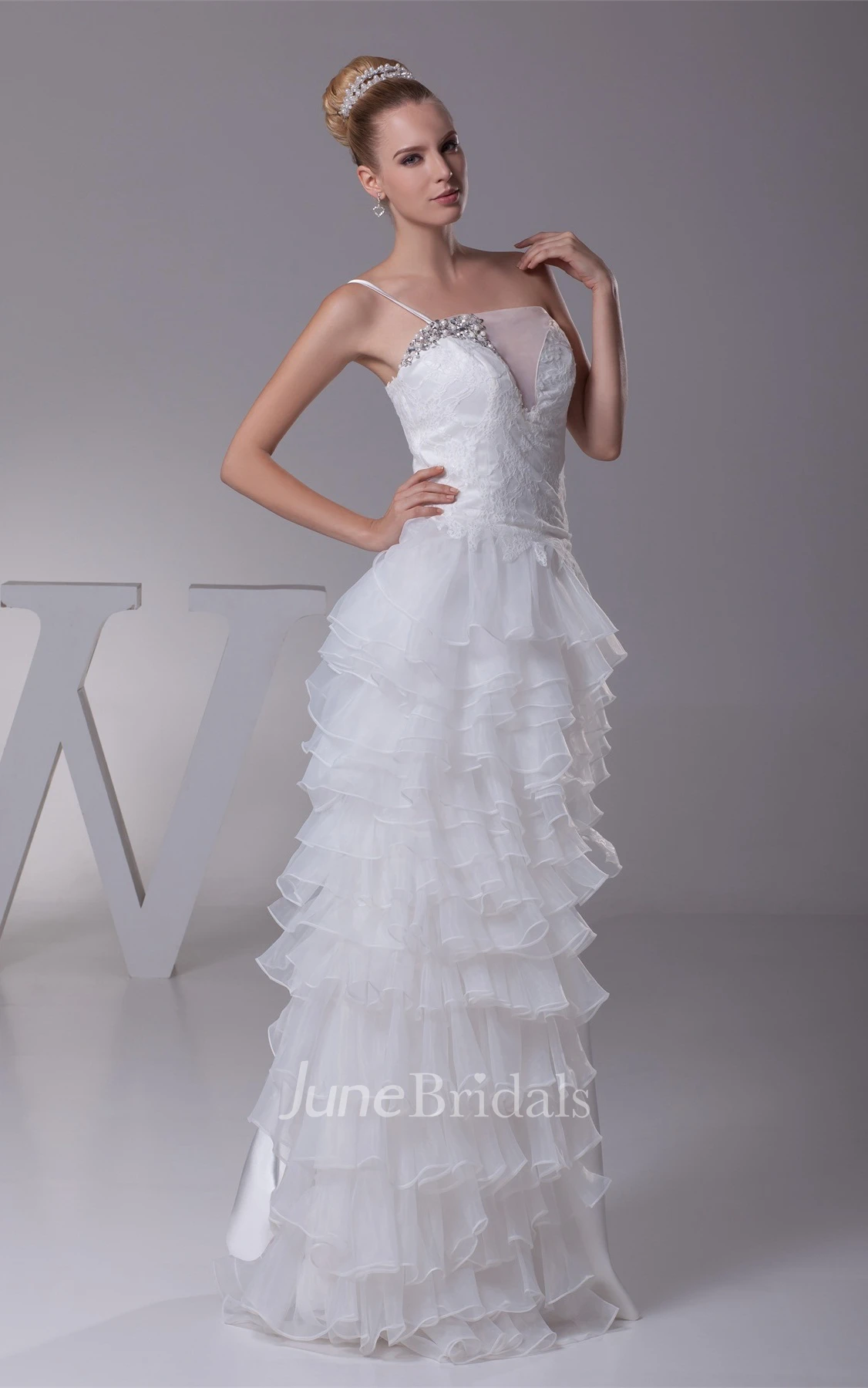 Single-Strap Tiered Floor-Length Dress with Beading and Appliques