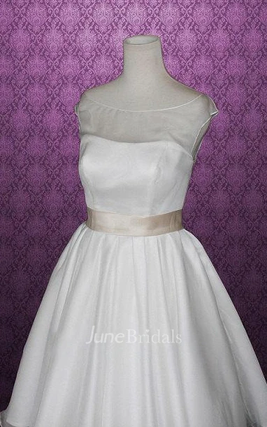 Bateau Knee-Length Satin Wedding Dress With Sash And Cap Sleeve