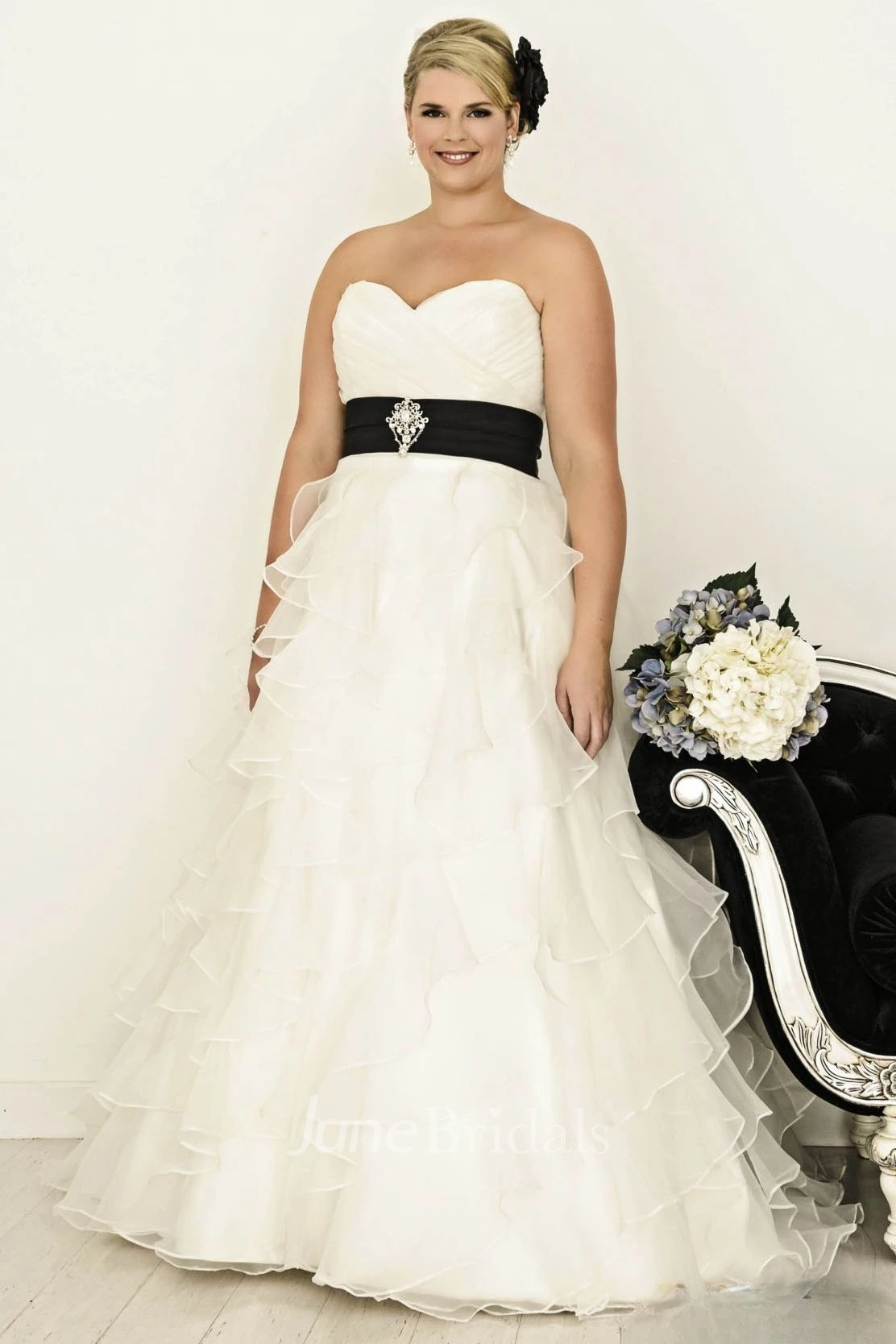 A-Line Ruffled Sweetheart Floor-Length Organza Plus Size Wedding Dress With Criss Cross And Tiers