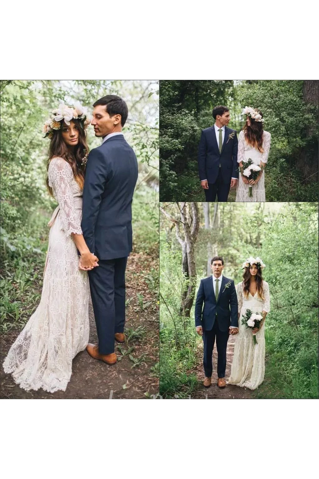 A-Line Sheath V-neck 3 4 Length Sleeve Lace Wedding Dress