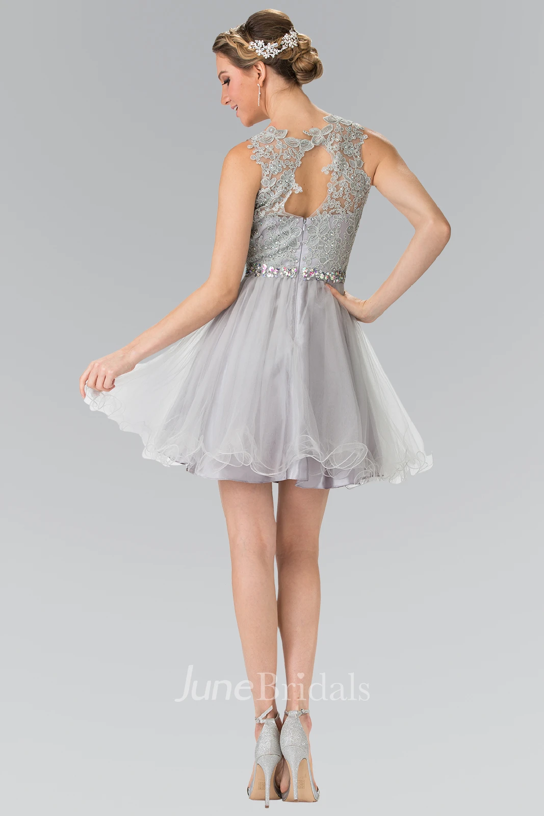A-Line Mini V-Neck Sleeveless Lace Keyhole Dress With Waist Jewellery And Ruffles