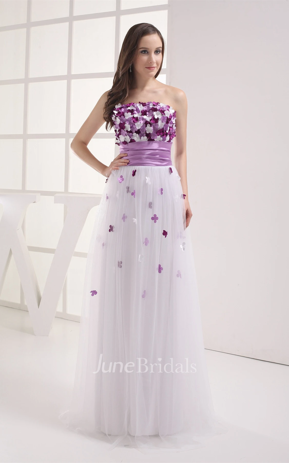 Two-Tone Tulle Floor-Length Dress with Pleats and Floral Top