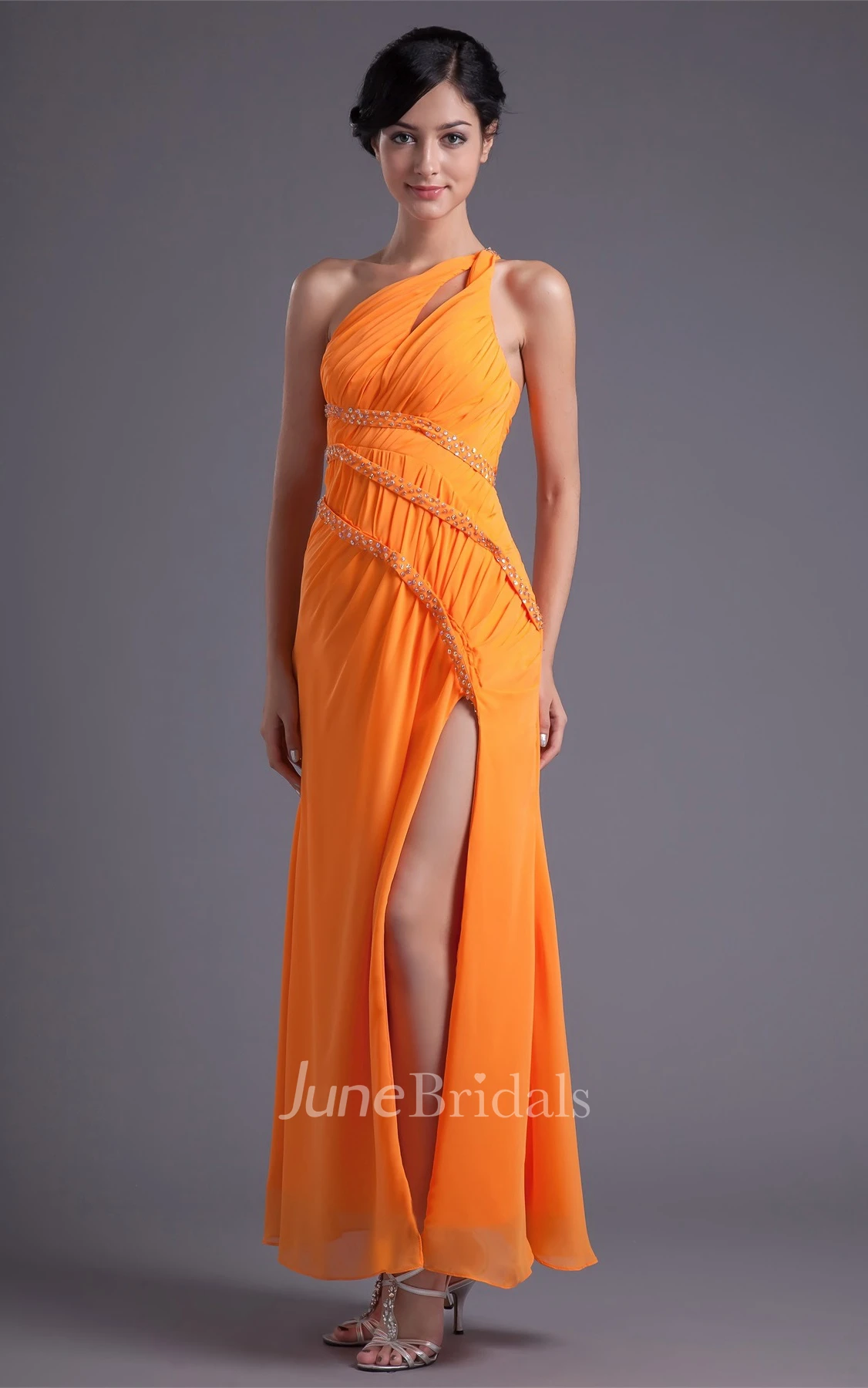 One-Shoulder Chiffon Front-Split Dress with Jewels