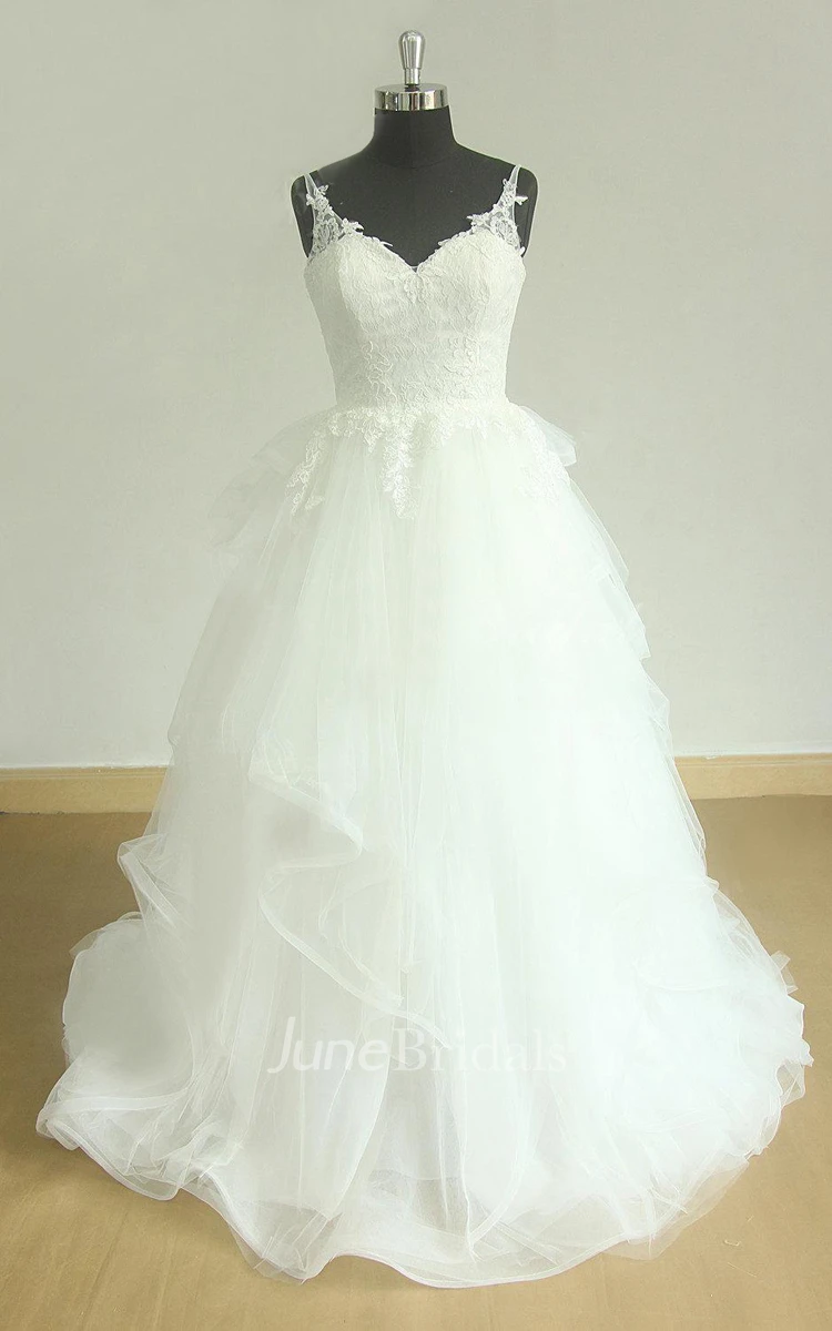 Backless Tulle Lace Satin Weddig Dress With Ruffles