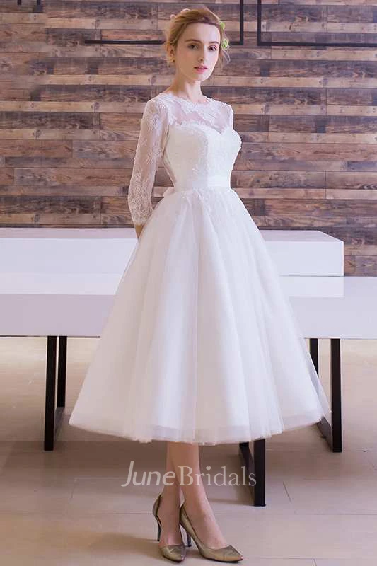 1950S Vintage Boho Lace Long Sleeve Warm Wedding Dress Simple Modest Tea Length Jewel Neck Pleated Bridal Gown