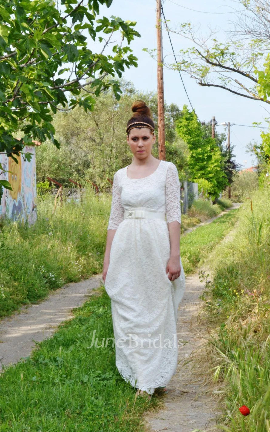 Scoop Neck A-Line Long Lace Wedding Dress With Sash And Illusion Sleeve