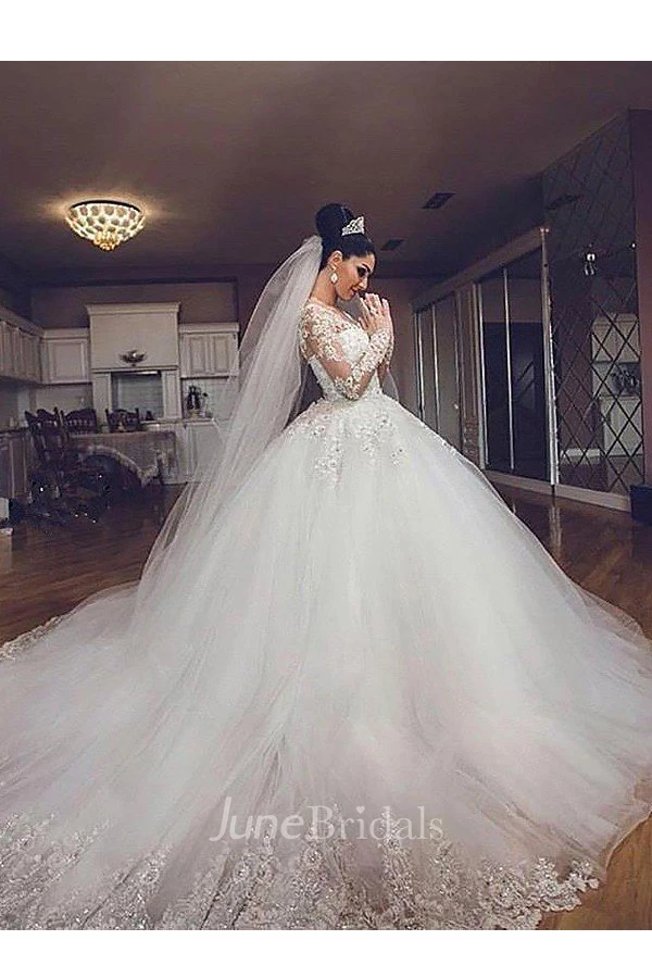 Ball Gown Long Sleeves Lace Tulle V neck Court Train Wedding Dresses June Bridals