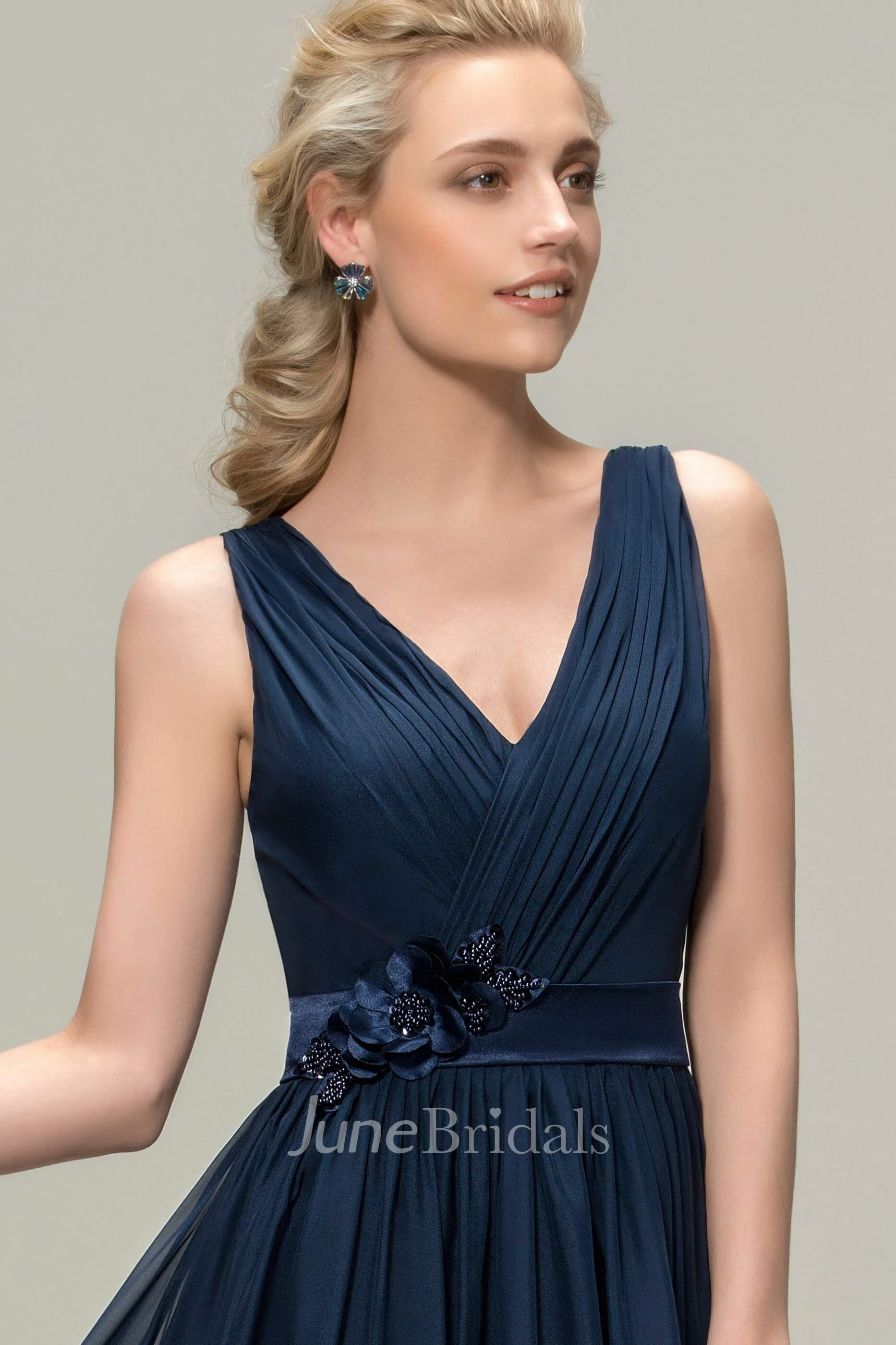 V-neck Romantic Sleeveless Chiffon Floor-length Dress With Floral Appliques And Sash