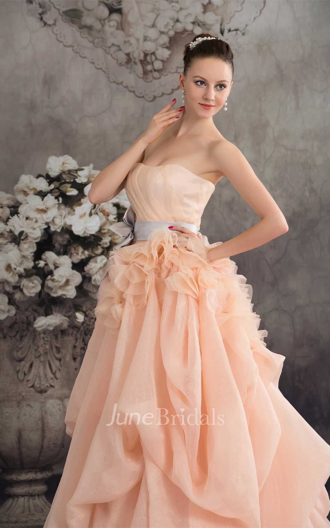 Strapless Ruched Pick-Up Gown with Ruffles and Bow