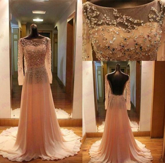 Gorgeous Long Sleeves Beadings Prom Dress Chiffon Long Party Gown