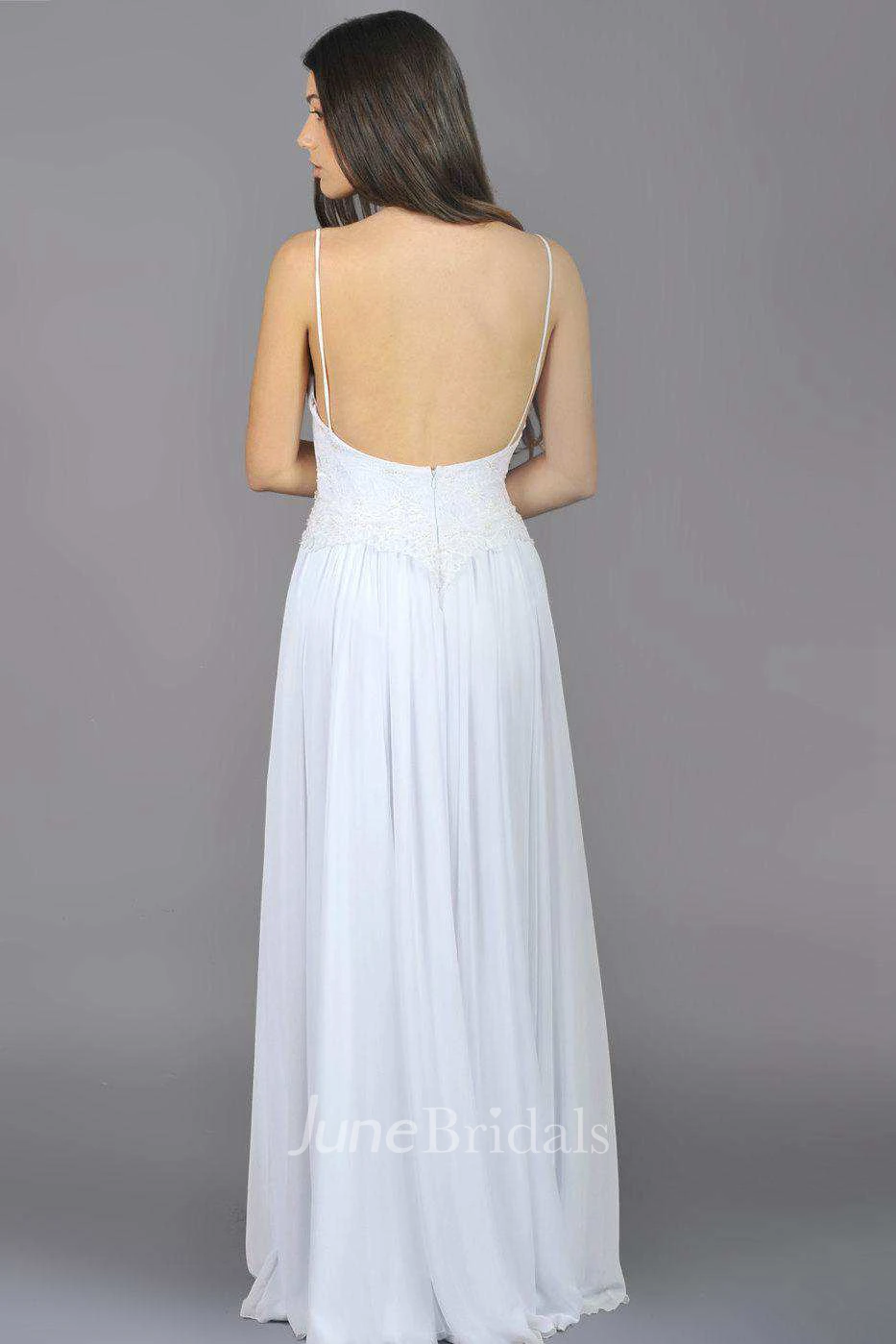 Spaghetti Sleeveless Chiffon Long Backless Dress With Lace And Zipper