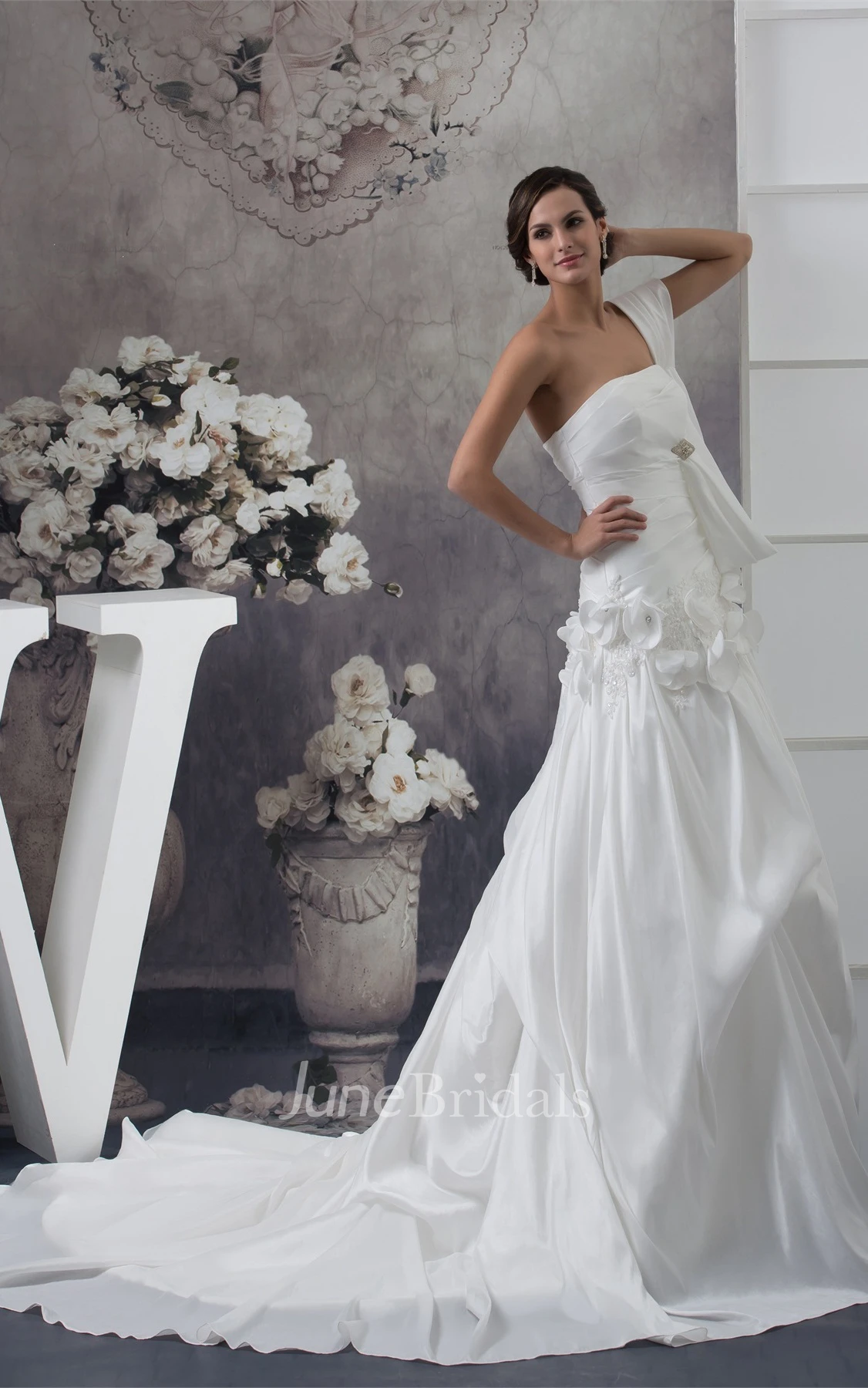 Strapless Pick-Up A-Line Gown with Flower and Broach