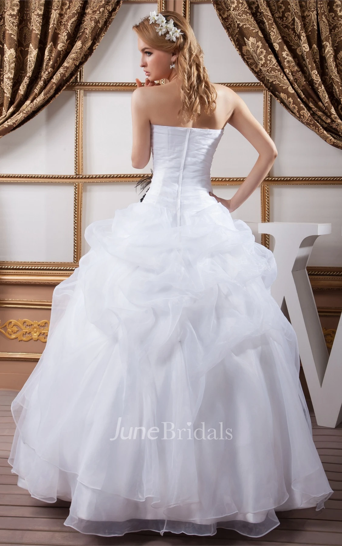 Strapless Ruffled Ball Gown with Appliques and Pleats
