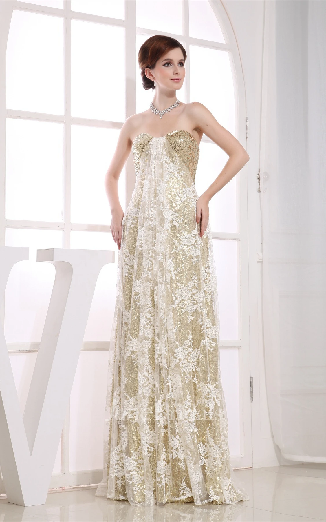 Strapless Tulle Floor-Length Dress with Overall Sequined Design