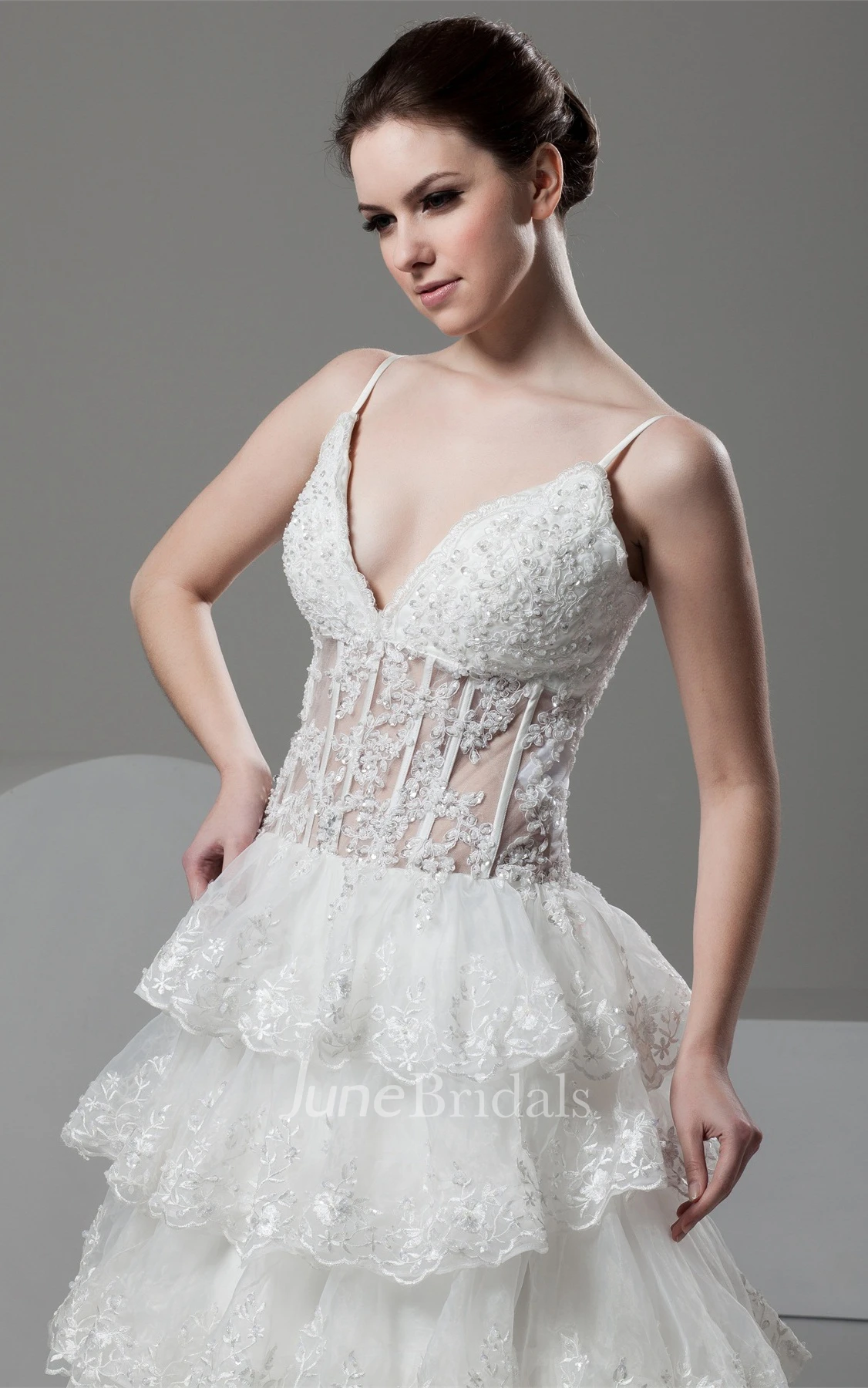 Plunged Tiered Lace A-Line Gown with Spaghetti-Straps