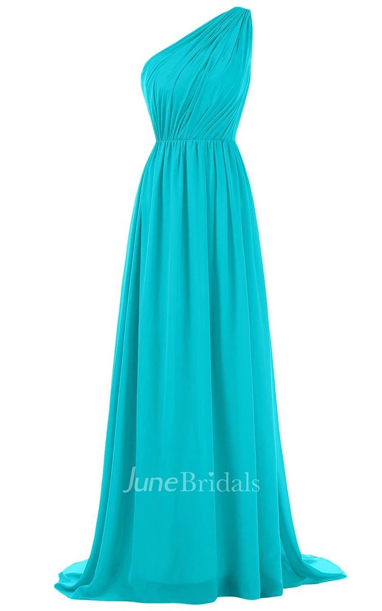 Chic One-shoulder Pleated Chiffon A-line Gown With Train