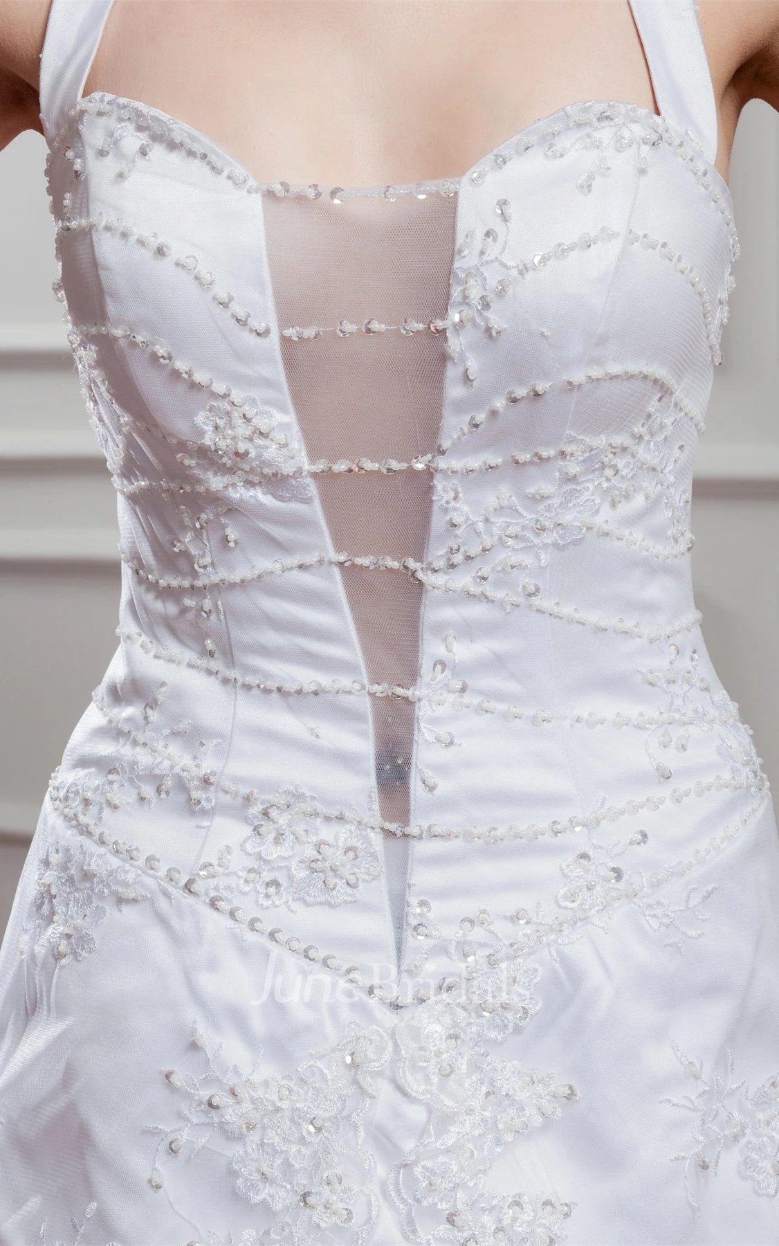 Sleeveless Appliqued A-Line Dress with Illusion and Halter