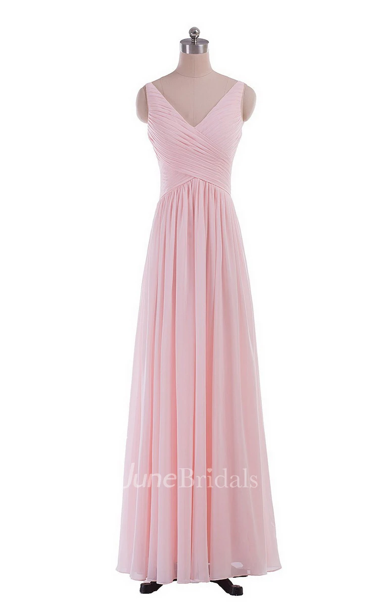 Sleeveless V-neck Chiffon Dress With Crisscross Ruching