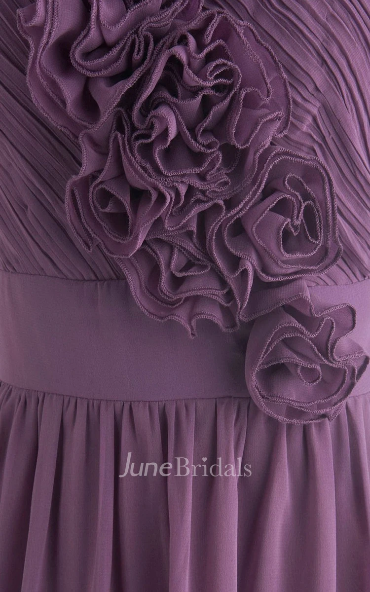 One-shoulder Chiffon Dress With Flowers and Pleats