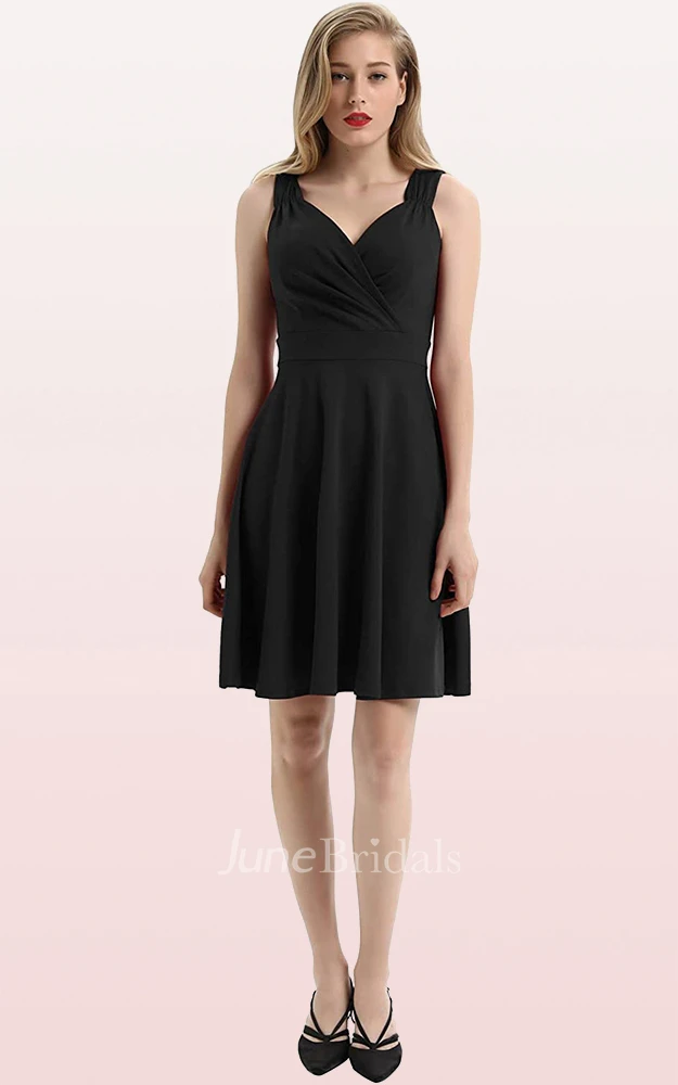 A Line V-neck Jersey Sleeveless Prom Cocktail Dress With Ruffles