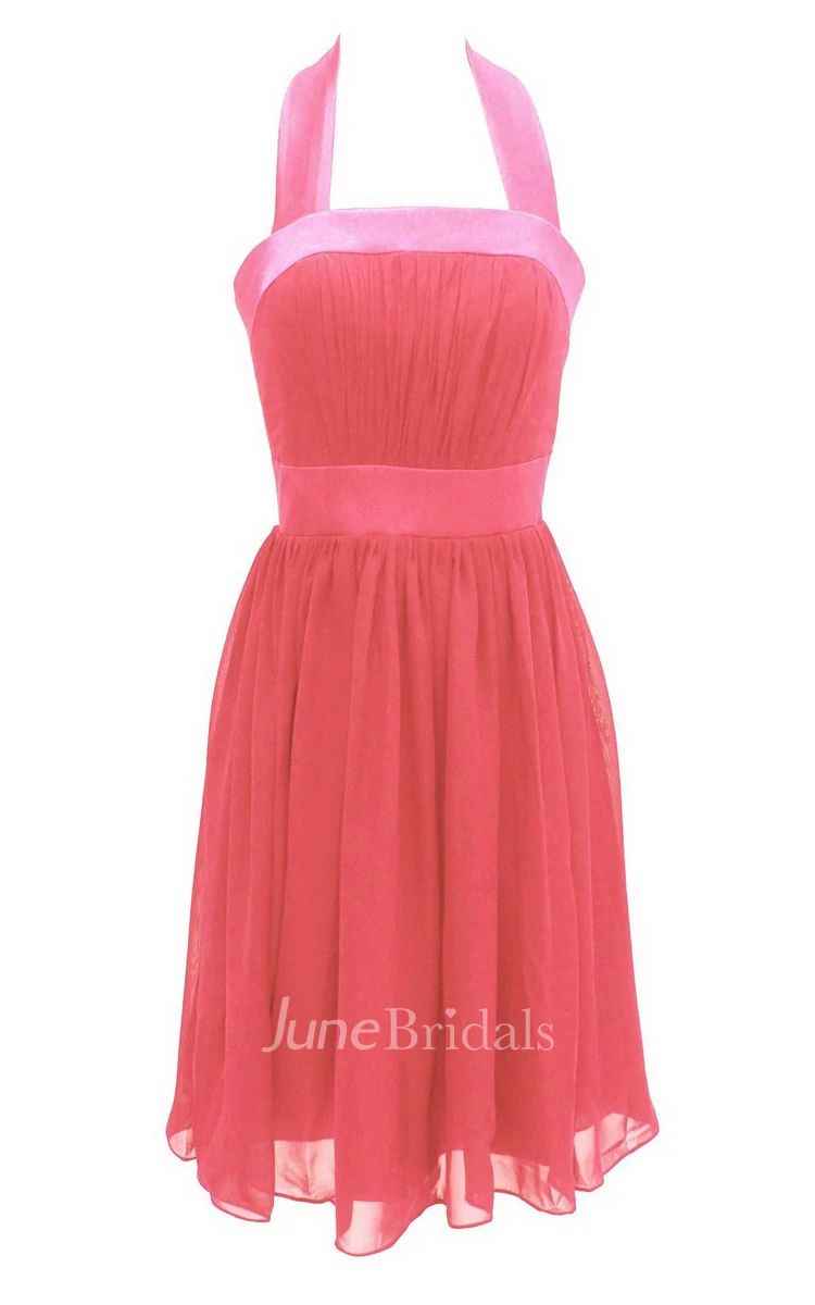 Halter Pleated Chiffon A-line Gown With Satin Band