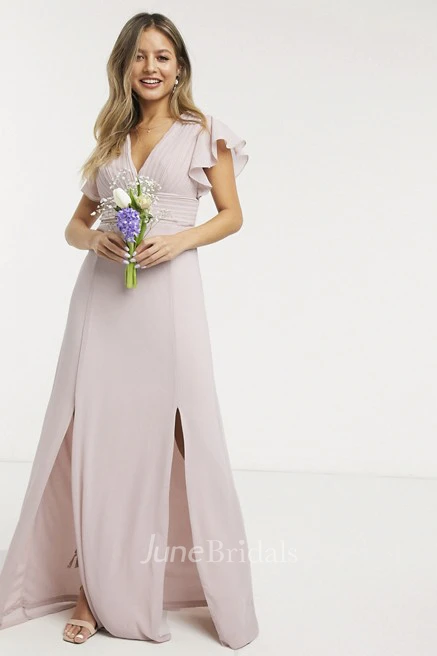 Ethereal Ruching Top V-neck Cap Sleeve Front Split Chiffon Bridesmaid Dress