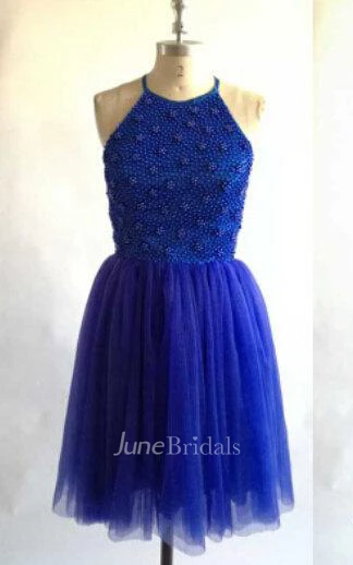 Short Sleeveless Beaded Tulle Gown