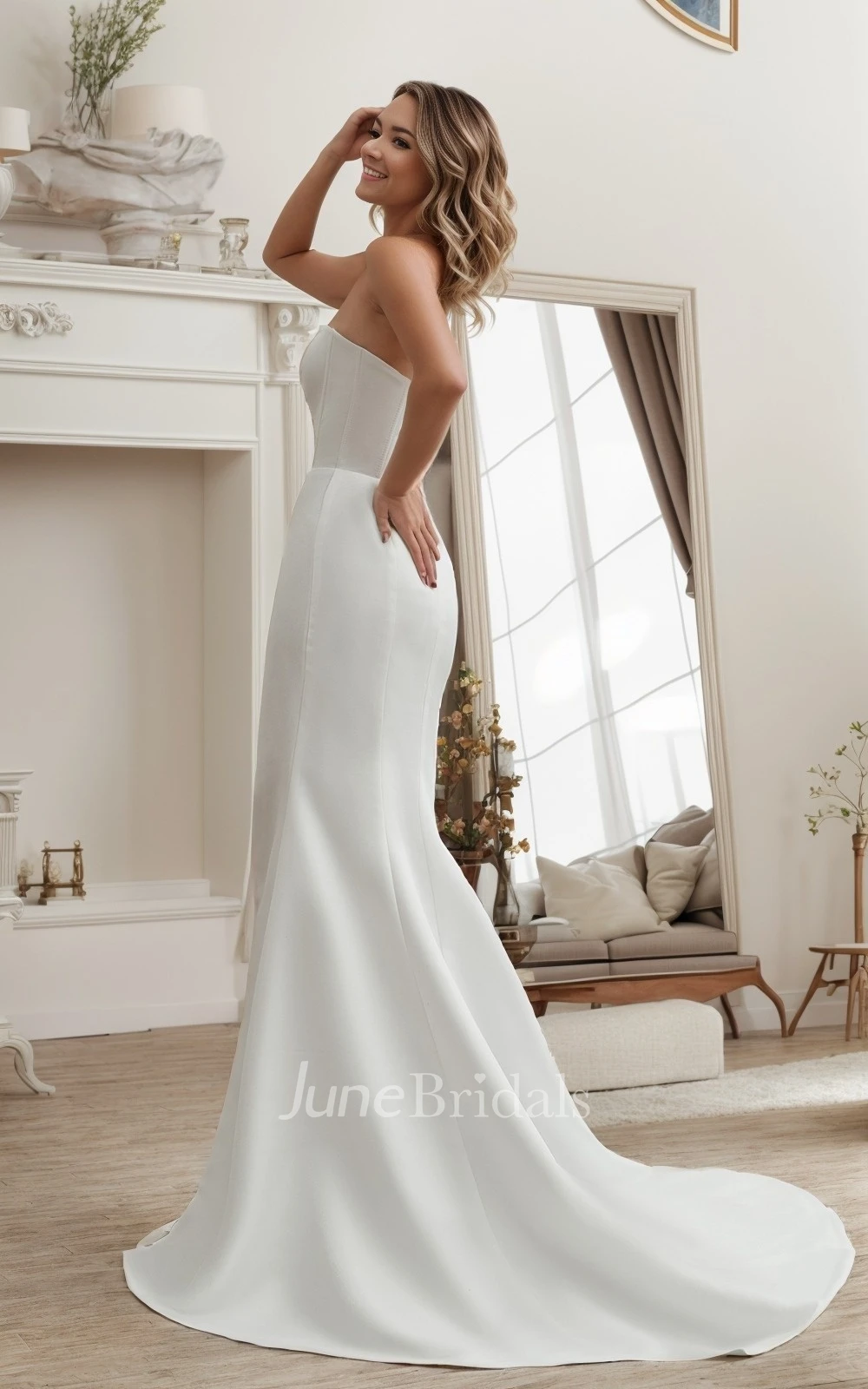 Modern Simple Mermaid Floor Length Split Front Spring Wedding Dress Minimalist Sexy Sweetheart Sleeveless Strapless Low Back Sweep Train Reception Bridal Gown