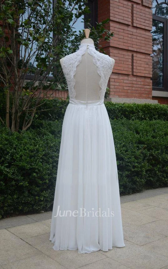 Long Chiffon Lace Weddig Dress With Beading Keyhole Back